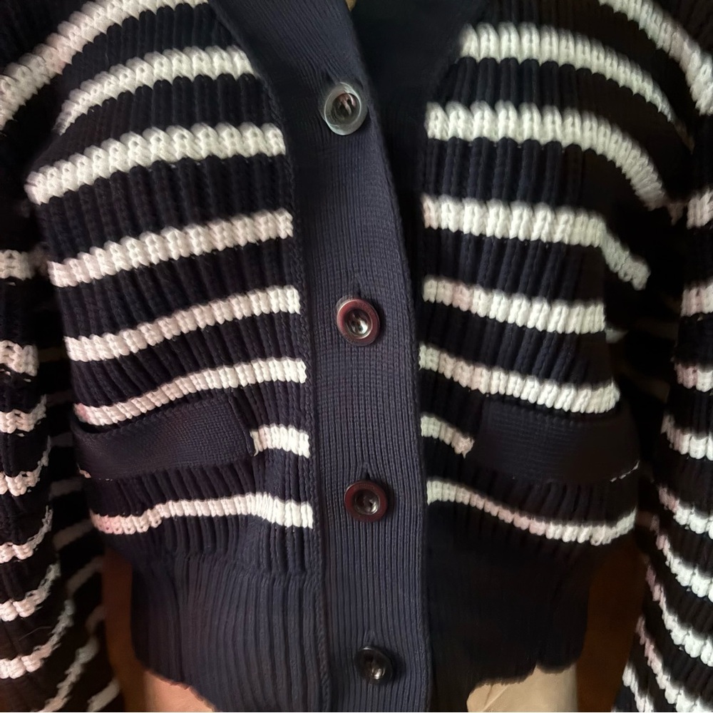 SACAI sz 1 S Thick Knit Horizontal Stripe Cardigan Sweater Navy Blue White - Picture 2 of 16